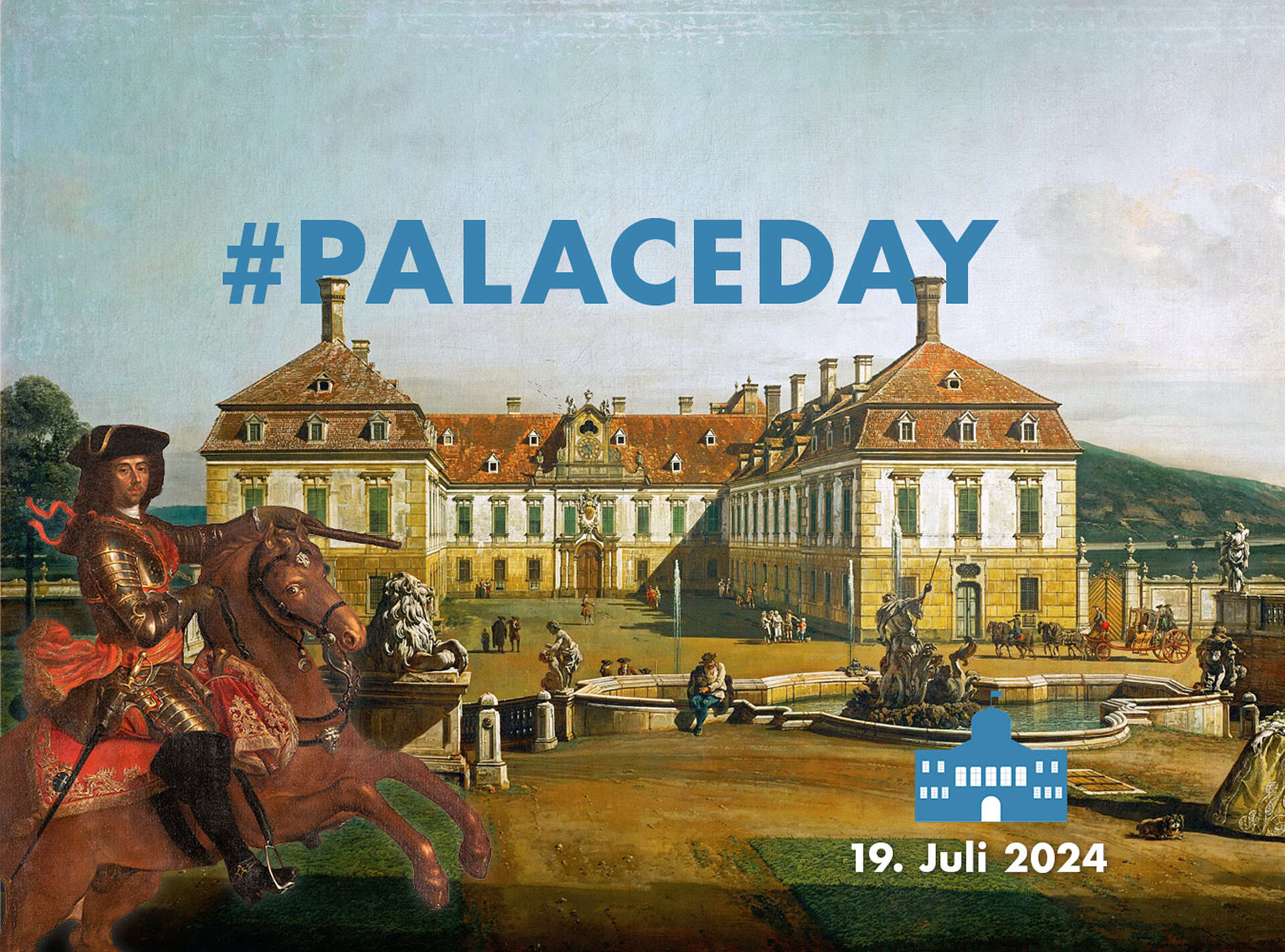 Grafik für den Palace Day 2024 mit Gemälde von Schloss Hof und Prinz Eugen im Vordergrund